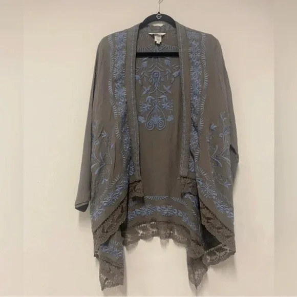 Sundance Long Life Kimono Size Small Blue Gray Embroidered Open Knit - Picture 4 of 4